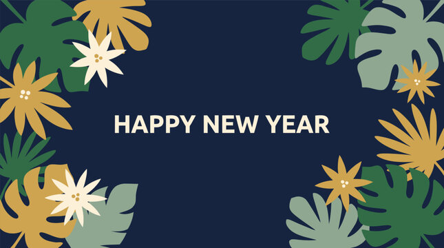 New Year 2027 festive greeting card layout showcasing bold white typography with happy new year text framed by tropical palm leaves and star flowers against a dar Background Vector