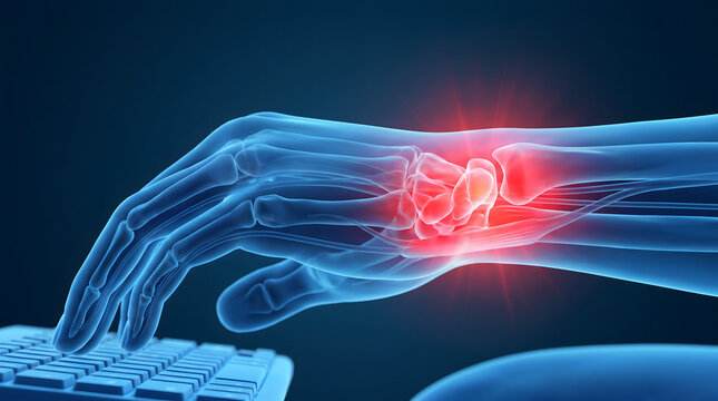 3D medical illustration depicting a translucent blue human hand with a glowing red area indicating pain or inflammation in the wrist while typing on a computer keyboard. This visual represents conc...