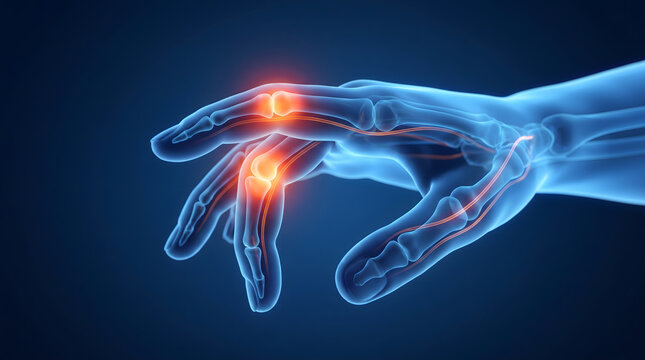 A 3D medical illustration depicting a human hand with highlighted inflamed joints, symbolizing pain, arthritis, and other musculoskeletal conditions. The blue skeletal structure contrasts with the...