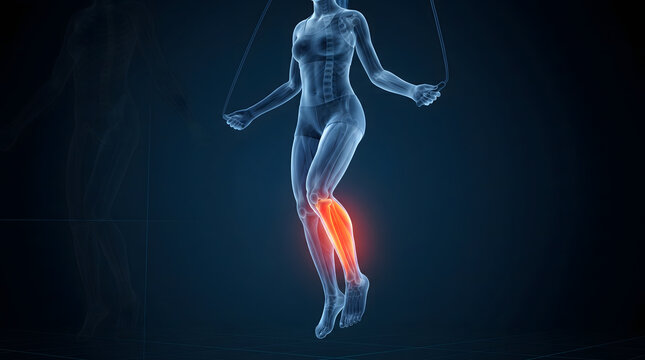 A 3D rendered X-ray visualization of a woman engaged in jump rope exercise. The image prominently features her glowing, highlighted calf muscles, emphasizing the exertion and muscular engagement du...