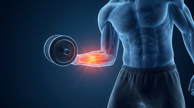 A detailed 3D medical illustration showing a male muscular arm performing a bicep curl with a dumbbell, highlighting the bicep muscle with a glowing red area to represent muscle strain, injury, or...