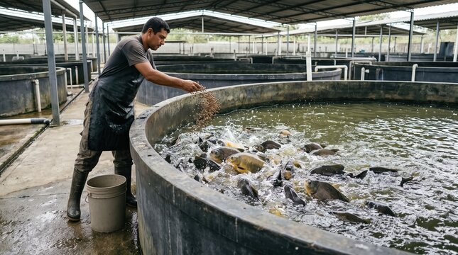 Man feeding farmed fish at aquaculture facility