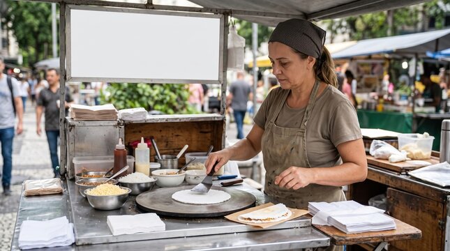 Woman Preparing Delicious Street Food at Market