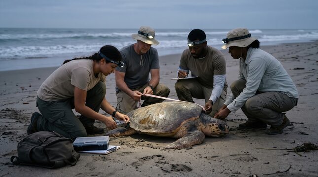 Conservationists examining sea turtle on beach