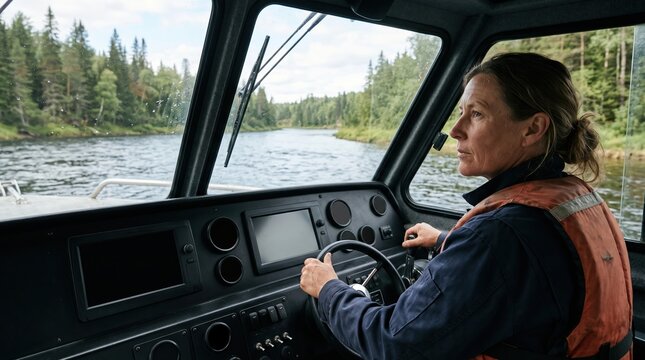 Woman navigating a boat on a calm forest river