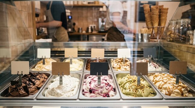 Assorted gelato in a vibrant dessert parlor