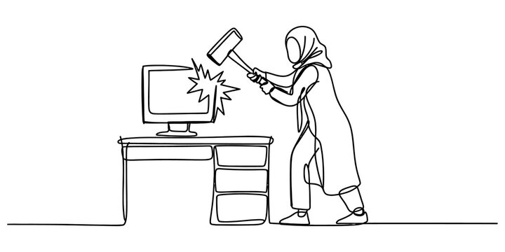 Continuous line drawing of a frustrated woman wearing a hijab hitting a computer screen with a large heavy metal hammer isolated on transparent background