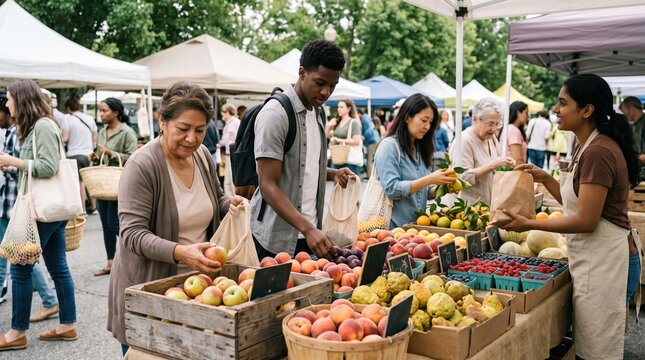 Community enjoying fresh produce at outdoor market