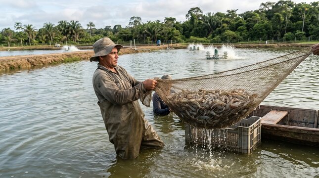 Aquaculture Worker Pulling Fresh Shrimp Net