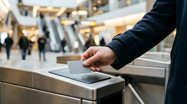 Commuter holds a gray card against a metallic turnstile gate scanner in a brightly lit station.