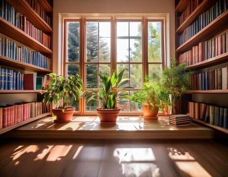 home library window with books and potted plants zoom virtual meetings backgrounds backdrop