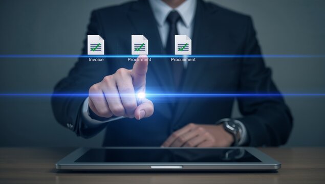 Businessman interacting with a digital interface for invoice and procurement management on a laptop with digital documents approval professional suit uses