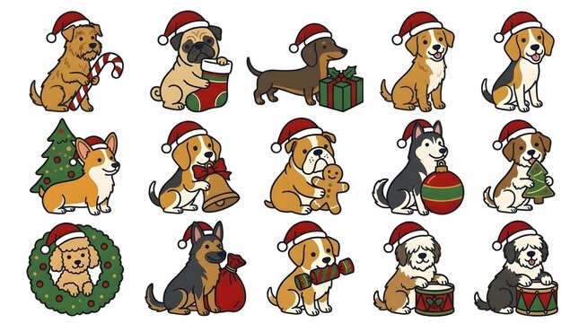 Cute Christmas Dog Clipart Bundle, Adorable Puppies Wearing Santa Hats with Christmas Trees, Gifts, Stockings, Bells, Ornaments and Holiday Toys