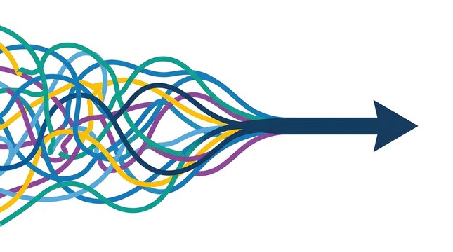 Colorful abstract lines converge into a dark blue arrow shape