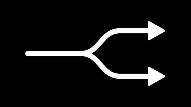 White Arrow Splitting into Two Branches on Black Background