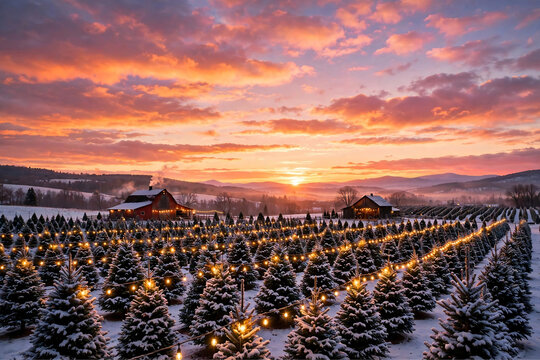 Christmas Tree Farm at Sunset with Rows of Snow Dusted Evergreens String Lights and Orange Pink Sky
