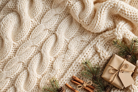 Cozy Knitted Texture Christmas Background with Cream Cable Knit Pine Sprigs Cinnamon Sticks and a Small Kraft Gift