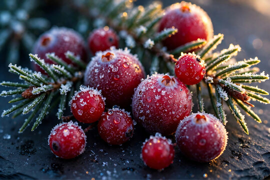 Frosted Cranberries and Red Berries with Snow Dusted Pine Needles on Dark Slate, Festive Winter Macro