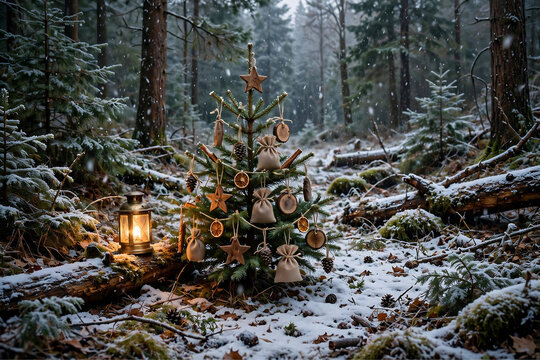 Rustic Woodland Christmas Scene with a Small Decorated Pine Tree Wooden Burlap Ornaments and Lantern Glow in Snowy Forest