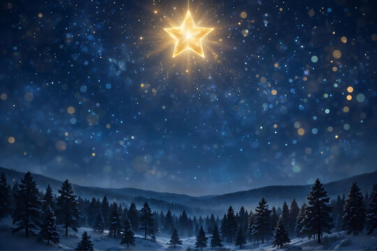 Magical Night Sky with a Large Glowing Golden Star above a Silhouette Snow Covered Pine Forest, Dreamy Christmas Landscape