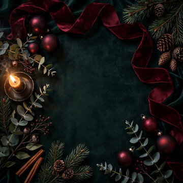 Rich Burgundy and Forest Green Christmas Flat Lay with Velvet Ribbon Dark Red Baubles Eucalyptus Pine and Candle, Copy Space