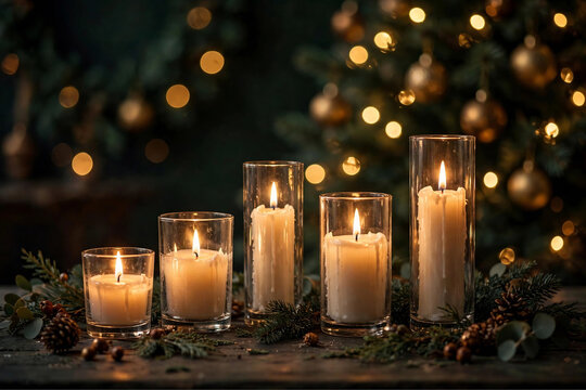 Candlelit Christmas Table Background with a Row of Glowing Candles in Glass Holders and a Blurred Decorated Tree Behind