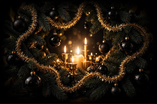 Luxury Black and Gold Christmas Background with Glossy Black Baubles Gold Tinsel Garland Dark Evergreen and Candles