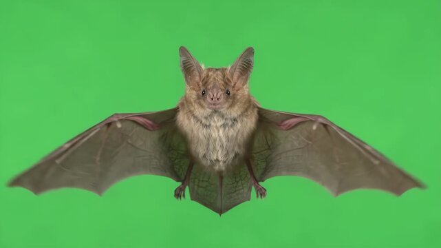 Detailed studio shot of a common bat flying with outstretched wings against a green screen background. High-resolution footage capturing the intricate texture of the bat's 
