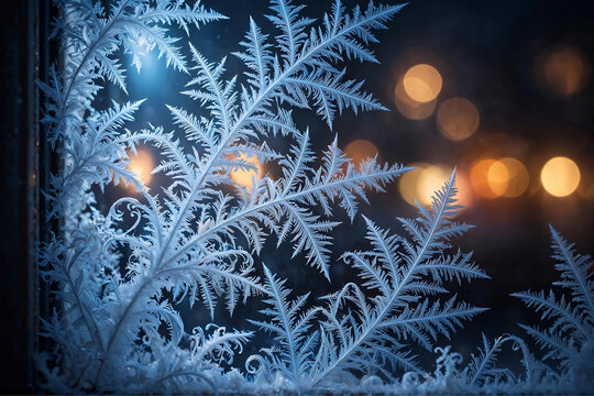 Delicate White Frost Ferns on Dark Window Glass Macro with Cool Blue Backlight and Blurred Warm Lights Outside