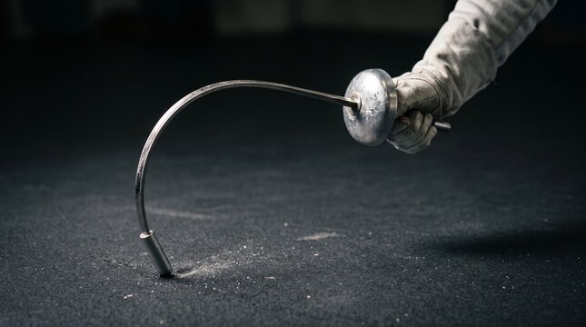Close-up of a fencer hand holding a foil weapon bending under pressure against the ground, symbolizing flexibility, resilience, tension, and precision in sports and business.
