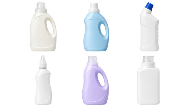 Six assorted plastic household cleaning bottles and jugs in white, blue and purple with various caps and handles photographed on a transparent background