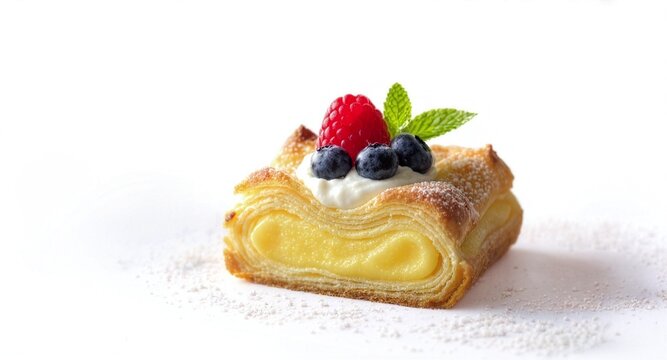 A single slice of crispy puff pastry filled with creamy yellow custard cream, decorated with fresh blueberries, a raspberry, and mint leaf on a minimalist white studio background