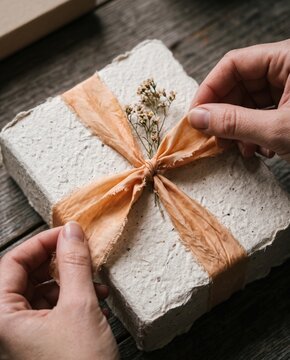 Close up of hands untying botanical dyed silk ribbon on handmade cotton paper gift box