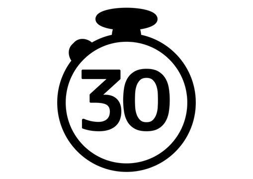 ストップウォッチと数字の30を描いたシンプルな時間・タイマーアイコン・30秒や30分の制限時間・時短・カウントダウンやタイムリミット