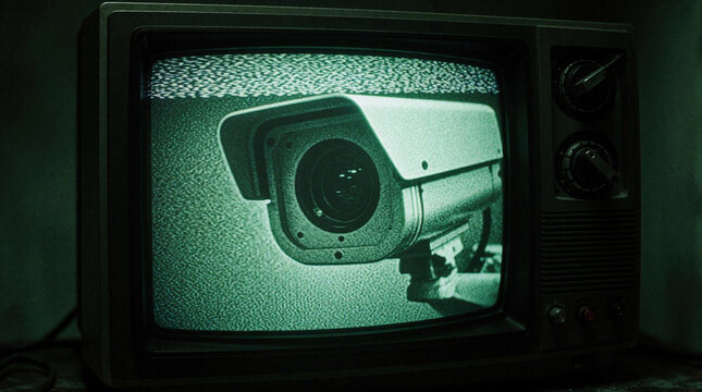Old vintage CRT television monitor shows green grainy CCTV security camera feed. Glitchy video signal displays surveillance footage with analog static. Retro tech screen displays monitoring system