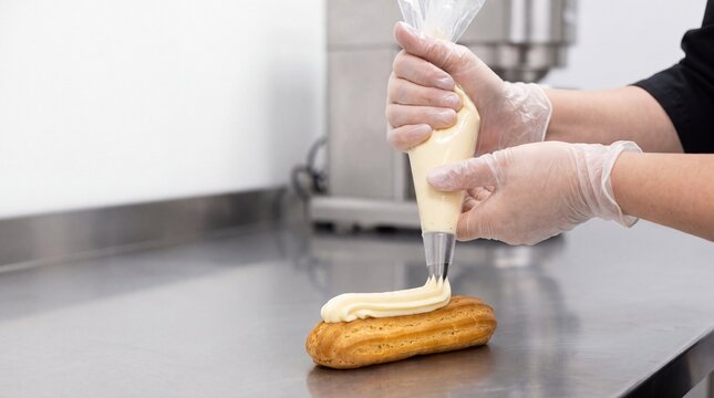 Pastry chef squeezing white cream onto fresh eclair pastry on stainless steel table, generative AI