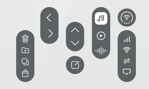 Dark grey UI pill buttons set with navigation media and file management line icons
