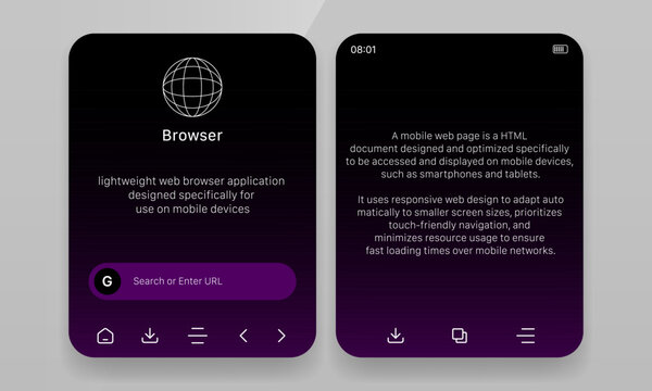 Dark purple mobile web browser app UI mockup with homepage and webpage view screens