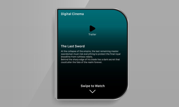 Digital cinema movie streaming app UI card mockup with trailer button and synopsis