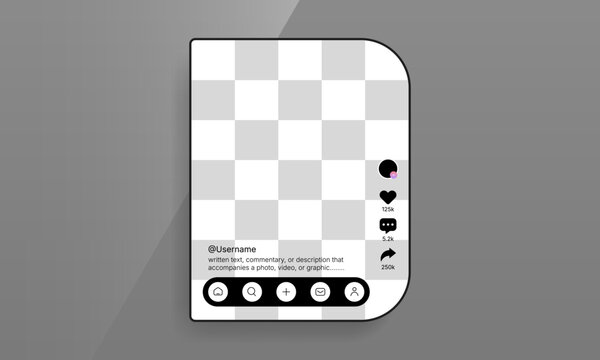 Short video social media app UI mockup template with image placeholder and overlay buttons