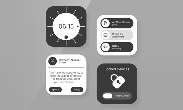 Smart home device widgets UI mockup set with clock, IoT controls, notification, and lock screen