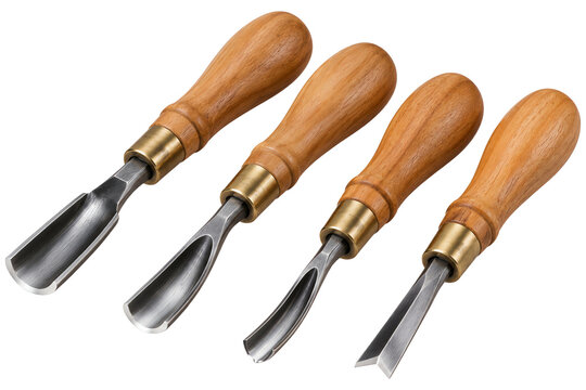 Four woodcarving gouges and chisels with wooden handles arranged in a row isolated on a transparent background
