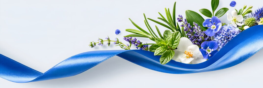 Floral Elegance: A vibrant arrangement of lavender, rosemary, and jasmine flowers with lush green leaves cascades elegantly over a shimmering blue ribbon, creating a serene and aromatic display.