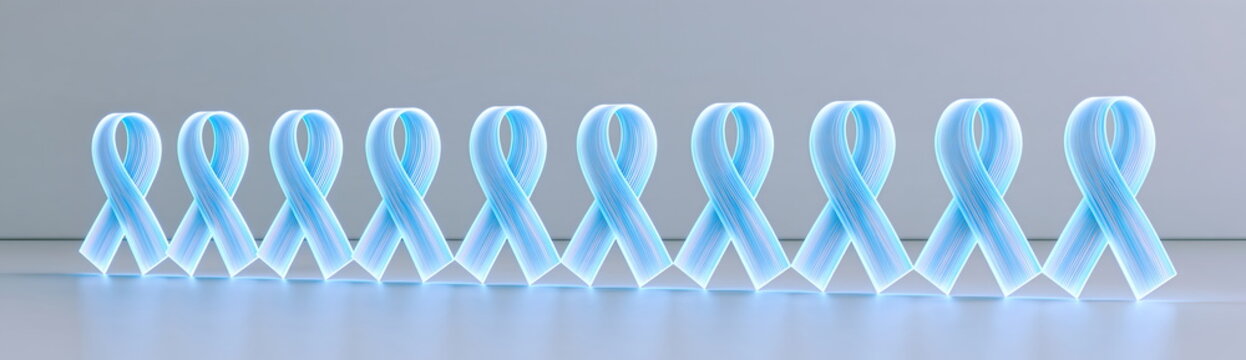 Row of Blue Ribbons: A symmetrical arrangement of eleven luminous blue awareness ribbons stand in a line, symbolizing hope, support, and solidarity for various causes.