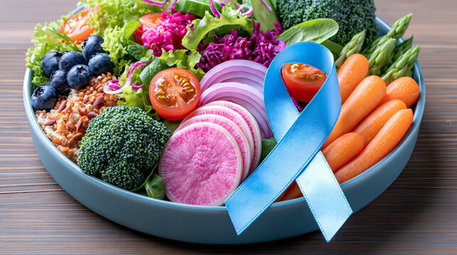 Healthy Lifestyle for Diabetes Awareness: A vibrant, colorful salad brimming with fresh vegetables and berries sits alongside a blue awareness ribbon.