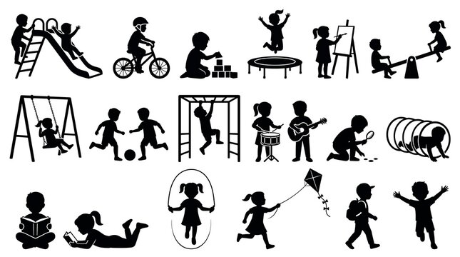 Kids playing silhouette icons set, children playground activity vector graphics, black boy and girl action shapes