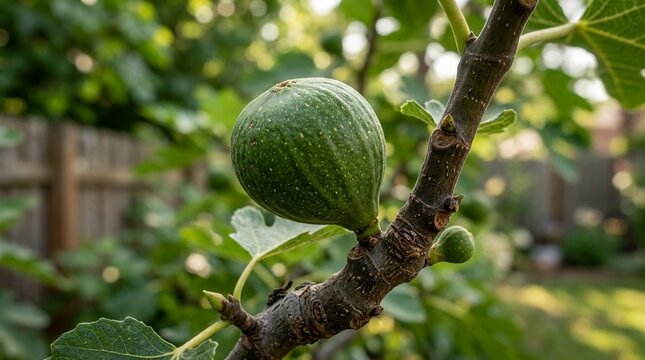 Unripe green fig developing on a tree branch with lush foliage outdoors