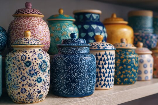 Unique glazed ceramic jars showcase handcrafted artistry and expressive painted patterns