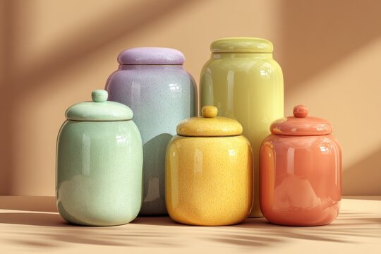 Pastel ceramic storage jars bring cheerful color and playful energy to a modern kitchen