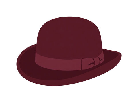 Burgundy bowler hat with matching ribbon band and rounded crown isolated on transparent background for fashion accessories and vintage style apparel projects featuring classic felt texture and elegant